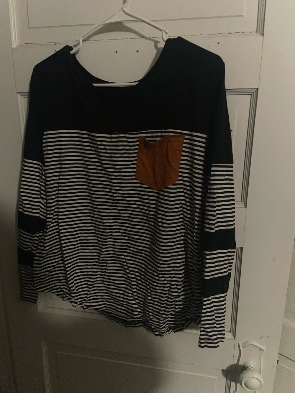 Amazon Black & White Striped Long-Sleeve Top with Brown Pocket